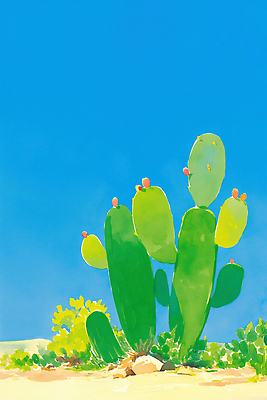 JPG 모양 식물 열매 컬러 일러스트 자연 하늘 생명 날씨 선인장 풍경 초록색 여름 햇빛 환경 주황색 사막 땅 조화 국내일러스트 AI일러스트 AI콘텐츠 계절 태양 생태계 파일형식