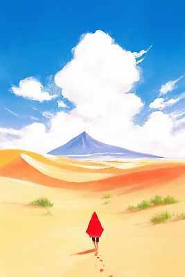 JPG 구름 응시 컬러 여행 일러스트 자연 하늘 산 서기 사람 풍경 사막 탐험 고독 발자국 빨간망토 국내일러스트 AI일러스트 AI콘텐츠 자연요소 시선 감정 자국 모션 망토 생태계 파일형식