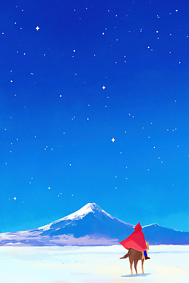 JPG 별 겨울 일러스트 자연 하늘 산 사람 풍경 빨간색 파란색 고요 등산 탐험 눈 신비 망토 뷰티풀 풍경화 환상 국내일러스트 AI일러스트 AI콘텐츠 자연요소 계절 컬러 컨셉 날씨 트래킹 그림 생태계 파일형식