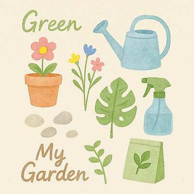 PSD 식물 꽃 화분 화초 잎 일러스트 자연 장식 정원 공간 물뿌리개 도구 원예 스프레이 정원가꾸기 색감 원예용품 자연친화적 아기자기 국내일러스트 생활용품 컨셉 취미 생태계 파일형식