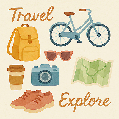 PSD 디자인 커피 여행 운동화 지도 일러스트 배낭 자연 휴식 선글라스 카메라 자전거 탐험 도전 즐거움 그림 아이템 여행준비 준비물 스타일 국내일러스트 감정 안경 음료 신발 컨셉 가방 전자제품 바이크 준비 생태계 파일형식