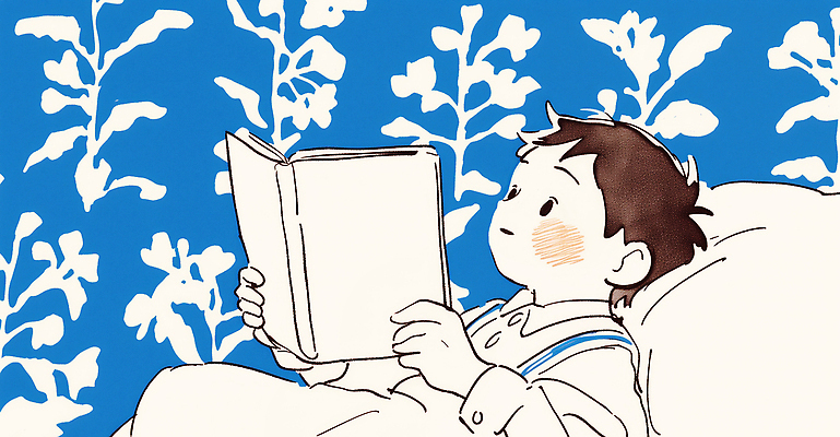 JPG 행복 어린이 생각 일러스트 모션 이야기 소년 책 독서 침대 시간 편안함 탈출 집중 즐거움 호기심 파란배경 일과 상상력 국내일러스트 AI일러스트 AI콘텐츠 남자 감정 가구 백그라운드 컨셉 사람 파란색 감각 파일형식