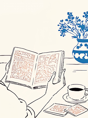 JPG 손 디자인 꽃 커피 예술 일러스트 탁자 집안 휴식 취미 일상 책 독서 꽃병 편안함 묘기 페이지 조용 습관 오후 국내일러스트 AI일러스트 AI콘텐츠 식물 음료 가구 컨셉 실내 라이프 신체부위 감각 파일형식