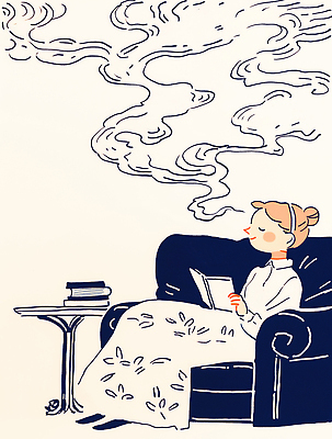 JPG 드레스 여자 여유 예술 생각 일러스트 탁자 휴식 실내 사람 책 소파 독서 고요 시간 분위기 우아함 연기 편안함 창의력 국내일러스트 AI일러스트 AI콘텐츠 옷 감정 가구 컨셉 의자 내부 감각 파일형식