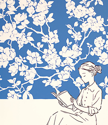 JPG 꽃 여유 벽 백그라운드 일러스트 상상 휴식 소녀 책 파란색 평화 분위기 집중 읽기 그림 창의성 창작 국내일러스트 AI일러스트 AI콘텐츠 식물 여자 감정 어린이 컬러 컨셉 모션 파일형식