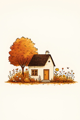 JPG 나무 식물 꽃 컬러 단풍 일러스트 자연 주택 따뜻함 풍경 잔디 정원 고요 가을 시골 편안함 그림 국내일러스트 AI일러스트 AI콘텐츠 계절 잎 건물 감각 생태계 파일형식