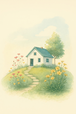 JPG 꽃 예술 일러스트 자연 주택 미소 풍경 초원 일상 평화 정원 농촌 언덕 조경 조용 스카이 국내일러스트 AI일러스트 AI콘텐츠 식물 컨셉 표정 건물 라이프 시골 생태계 파일형식