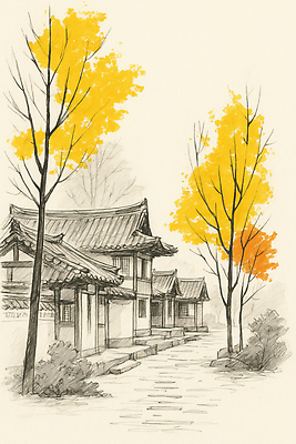 JPG 나무 문화 예술 여행 단풍 고건축 일러스트 자연 거리 한국 풍경 노란색 정원 고요 가을 역사 조경 한옥마을 뷰티풀 풍경화 국내일러스트 AI일러스트 AI콘텐츠 식물 건축물 계절 아시아 컬러 잎 한옥 마을 그림 생태계 파일형식