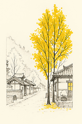 JPG 나무 전통 문화 예술 여행 단풍 일러스트 자연 한옥 한국 풍경 노란색 마을 고요 가을 시골 조용 풍경화 국내일러스트 AI일러스트 AI콘텐츠 식물 한국전통 계절 아시아 컬러 고건축 잎 그림 생태계 파일형식