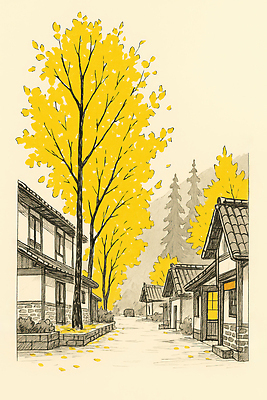 JPG 전통 계절 열매 컬러 일러스트 자연 나뭇잎 산 거리 주택 풍경 평화 마을 고요 가을 소나무 떨어짐 은행나무 뷰티풀 국내일러스트 AI일러스트 AI콘텐츠 나무 식물 컨셉 잎 건물 생태계 파일형식