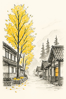 JPG 나무 전통 문화 여유 단풍 일러스트 자연 하늘 거리 주택 풍경 노란색 마을 고요 만남 가을 역사 분위기 가로수 조화 국내일러스트 AI일러스트 AI콘텐츠 식물 계절 감정 컬러 컨셉 잎 건물 생태계 파일형식