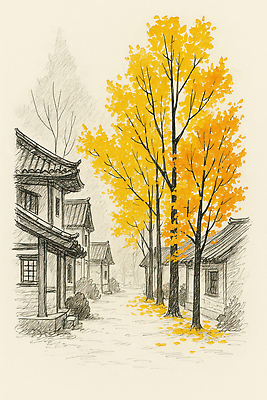 JPG 나무 전통 건축물 계절 문화 단풍 유적 일러스트 자연 거리 거리풍경 풍경 노란색 마을 회색 가을 가로수 조용 김장 국내일러스트 AI일러스트 AI콘텐츠 식물 건축 컬러 잎 생태계 파일형식