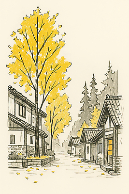 JPG 나무 계절 문화 컬러 잎 일러스트 자연 거리 주택 풍경 잔디 마을 고요 산책 가을 은행나무 뷰티풀 풍경화 국내일러스트 AI일러스트 AI콘텐츠 식물 휴식 건물 그림 생태계 파일형식