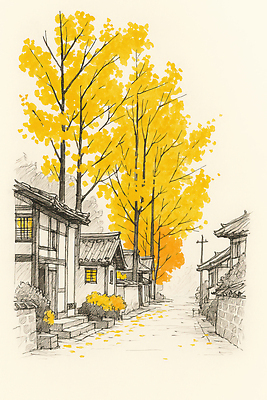 JPG 나무 전통문화 고건축 잎 일러스트 자연 거리 한옥 한국 따뜻함 풍경 햇빛 노란색 귀여움 마을 고요 산책 가을 골목길 은행나무 고택 국내일러스트 AI일러스트 AI콘텐츠 식물 한국전통 전통 건축물 계절 아시아 문화 길 컬러 컨셉 휴식 태양 생태계 파일형식