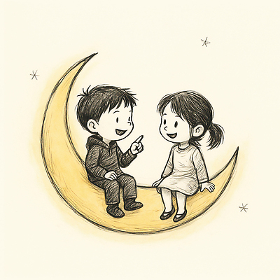 JPG 행복 별 일러스트 놀이 동화 이야기 대화 웃음 소녀 소년 친구 우정 달 야간 스케치 즐거움 상상력 동심 국내일러스트 AI일러스트 AI콘텐츠 자연요소 여자 남자 감정 어린이 관계 표정 말하기 미술 파일형식