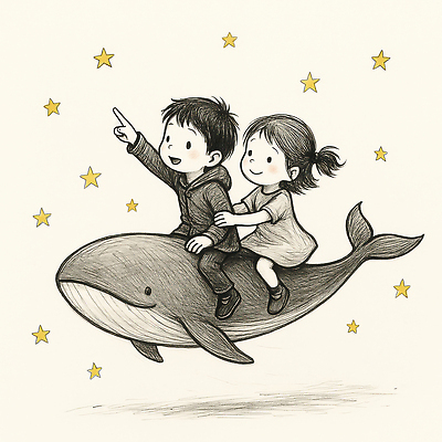 JPG 별 어린이 일러스트 상상 놀이 하늘 동화 이야기 소녀 소년 우정 꿈 도전 고래 즐거움 그림 마법 상상력 환상 동심 국내일러스트 AI일러스트 AI콘텐츠 자연요소 여자 남자 감정 컨셉 포유류 사람 친구 수중동물 파일형식