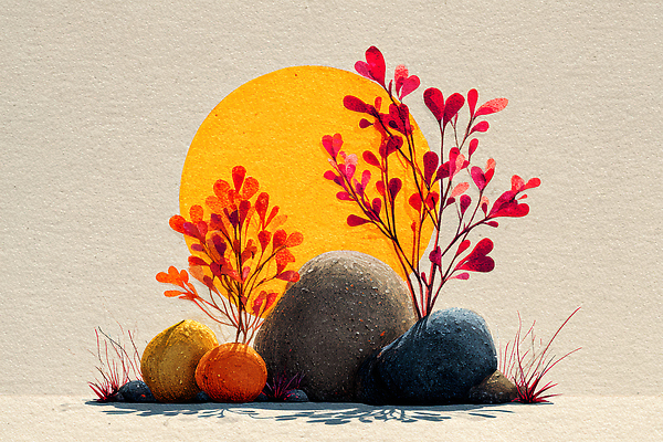 JPG 식물 종이 여유 예술 컬러 백그라운드 일러스트 자연 따뜻함 풍경 태양 일몰 돌_바위 부드러움 조화 뷰티풀 수렵 국내일러스트 AI일러스트 AI콘텐츠 자연요소 감정 노을 감각 생태계 파일형식