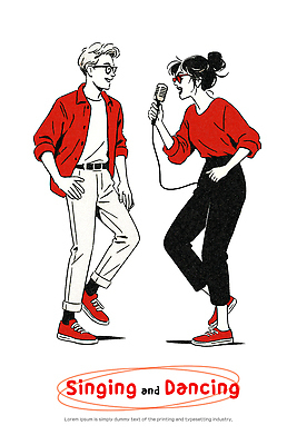 PSD 커플 예술 음악 일러스트 노래 모션 빨간색 파티 만남 에너지 표현 춤 마이크 즐거움 사교 오후 스타일 상호작용 국내일러스트 감정 컬러 음향기기 컨셉 관계 문화예술 이벤트 파일형식