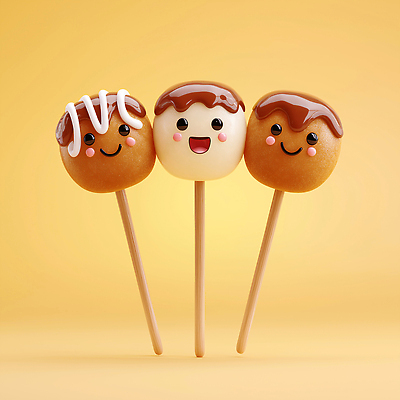 JPG 모양 편집이미지 캐릭터 행복 컬러 백그라운드 디저트 표정 요리 귀여움 축제 꼬치 즐거움 타코야키 간편조리식품 편집3D AI컴퓨터그래픽 AI콘텐츠 감정 음식 컨셉 3D 일본음식 파일형식
