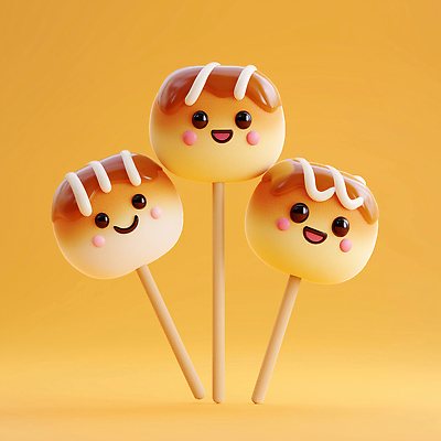 JPG 편집이미지 백그라운드 디저트 표정 노란색 귀여움 막대기 꼬치 즐거움 타코야키 캐러멜 아기자기 편집3D AI컴퓨터그래픽 AI콘텐츠 감정 음식 컬러 컨셉 3D 일본음식 파일형식