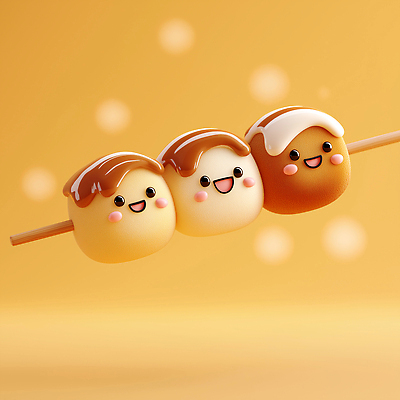JPG 편집이미지 캐릭터 컬러 디저트 여름 귀여움 초콜릿 소스 꼬치 달콤 즐거움 타코야키 캐러멜 편집3D AI컴퓨터그래픽 AI콘텐츠 계절 감정 음식 컨셉 3D 양념 맛 일본음식 파일형식