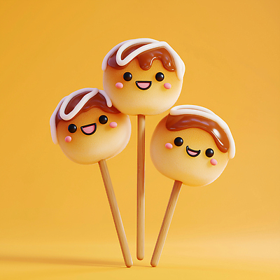 JPG 편집이미지 캐릭터 디자인 디저트 표정 노란색 귀여움 막대기 꼬치 달콤 즐거움 직사각형 타코야키 막대과자 팝 편집3D AI컴퓨터그래픽 AI콘텐츠 도형 감정 음식 컬러 컨셉 3D 과자 맛 일본음식 파일형식