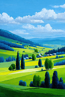 JPG 나무 구름 편집이미지 자연 하늘 풍경 초원 파란색 평화 마을 일몰 시골 언덕 조화 목가 편집실사 AI일러스트 AI콘텐츠 자연요소 식물 컬러 컨셉 노을 CG 생태계 파일형식