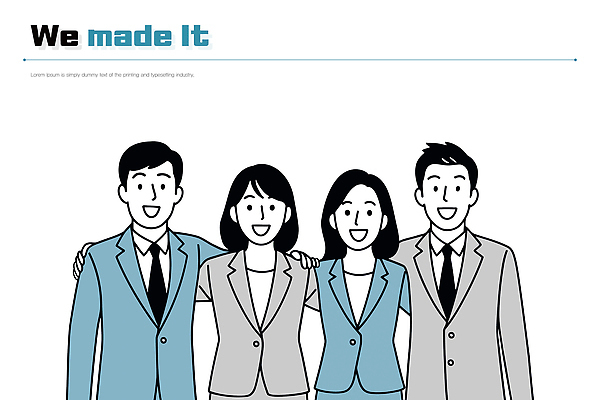 일러스트 비즈니스 성공 협력 직장 미소 웃음 정장 사무실 우정 기쁨 그룹 목표 결과 동료 친목 의사소통 국내일러스트 AI파일 옷 감정 컨셉 회사 관계 표정 친구 파일형식 벡터