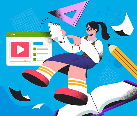 학생 디자인 교육 백그라운드 일러스트 아이디어 그래픽 책 파란색 전자제품 학습 펜 공책 메모지 발전 과제 학습도구 소프트웨어 온라인강의 창의력 국내일러스트 AI파일 컬러 컨셉 문구용품 필기구 사무용품 강의 교육용품 파일형식 벡터 언택트