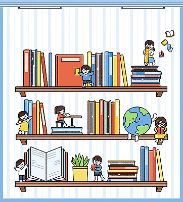 PSD 어린이 컬러 일러스트 상상 놀이 책장 책 학습 세계 독서 환경 놀이방 교양 탐험 도서관 참여 상호작용 국내일러스트 교육 가구 사람 파일형식