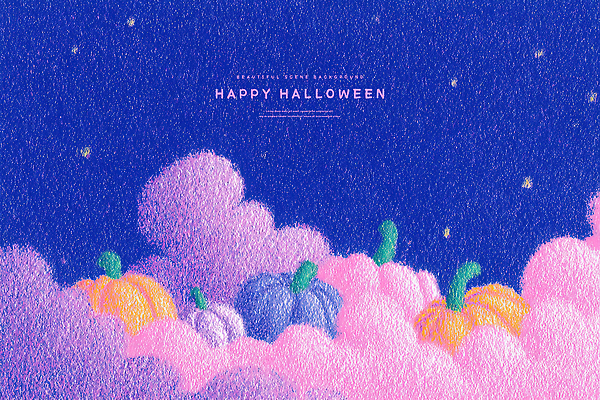 PSD 구름 별 예술 분홍색 컬러 야경 일러스트 하늘 호박 장식 파란색 축제 할로윈 가을 축하 분위기 감성 환상 국내일러스트 자연요소 계절 컨셉 채소 야간 파일형식 풍경_경치