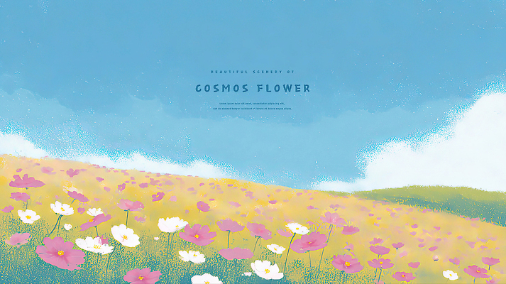 식물 꽃 분홍색 컬러 꽃밭 밭 일러스트 자연 하늘 풍경 여름 햇빛 노란색 흰색 땅 코스모스 꽃길 뷰티풀 국내일러스트 AI파일 계절 길 농업 태양 생태계 파일형식 벡터