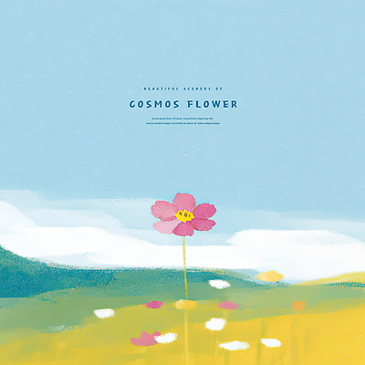 식물 구름 계절 꽃 컬러 일러스트 자연 하늘 생명 아침 풍경 초원 여름 평화 분위기 언덕 코스모스 조화 뷰티풀 국내일러스트 AI파일 주간 자연요소 컨셉 생태계 파일형식 벡터