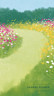 꽃 분홍색 컬러 일러스트 자연 생명 풍경 잔디 초록색 여름 노란색 정원 산책로 흰색 즐거움 코스모스 조화 꽃길 뷰티풀 국내일러스트 AI파일 식물 계절 감정 길 생태계 파일형식 벡터