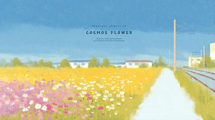 꽃 길 예술 컬러 꽃밭 일러스트 자연 하늘 생명 날씨 풍경 야외 햇빛 평화 가을 농촌 시골 코스모스 뷰티풀 풍경화 국내일러스트 AI파일 식물 계절 컨셉 태양 그림 생태계 파일형식 벡터
