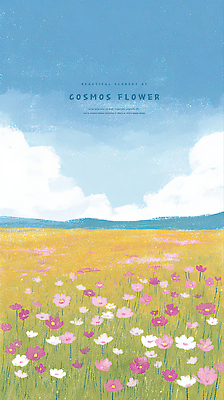 구름 꽃 컬러 꽃밭 일러스트 자연 하늘 풍경 초원 야외 생활 여름 햇빛 노란색 평화 즐거움 코스모스 뷰티풀 풍요 국내일러스트 AI파일 자연요소 식물 계절 감정 컨셉 태양 생태계 파일형식 벡터