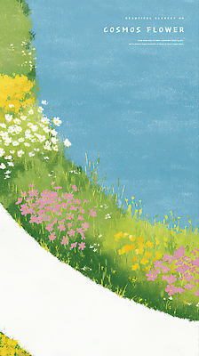 식물 꽃 호수 분홍색 컬러 꽃밭 일러스트 자연 하늘 생명 풍경 초원 야외 여름 노란색 평화 환경 산책 흰색 코스모스 뷰티풀 국내일러스트 AI파일 계절 컨셉 휴식 생태계 파일형식 벡터