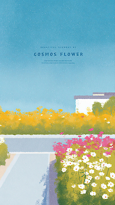 식물 꽃 여유 컬러 꽃밭 일러스트 자연 풍경 야외 햇빛 평화 정원 가을 시골 코스모스 힐링 조화 만개 뷰티풀 경관 국내일러스트 AI파일 계절 감정 컨셉 태양 생태계 파일형식 벡터