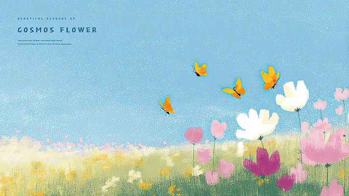꽃 컬러 나비 꽃밭 일러스트 자연 놀이 하늘 생명 풍경 여름 평화 자유 긴급 코스모스 화사함 뷰티풀 색채 풍경화 국내일러스트 AI파일 식물 계절 곤충 컨셉 그림 생태계 파일형식 벡터