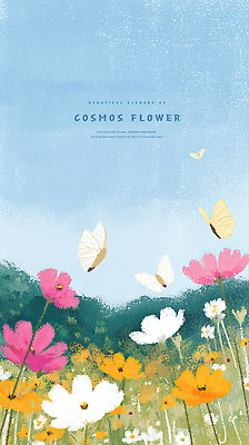 식물 꽃 컬러 나비 꽃밭 일러스트 자연 하늘 생명 풍경 야외 여름 코스모스 생태계 뷰티풀 청명 국내일러스트 AI파일 계절 곤충 파일형식 벡터