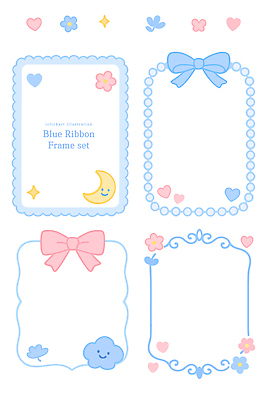 디자인 꽃 리본 분홍색 컬러 백그라운드 일러스트 프레임 장식 파란색 세트 귀여움 디지털 그림 파스텔 스타일 아기자기 국내일러스트 AI파일 식물 컨셉 학용품 파일형식 벡터