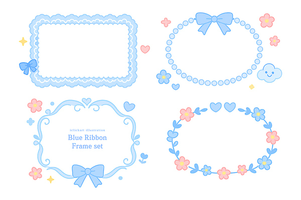 디자인 꽃 리본 백그라운드 일러스트 문구용품 프레임 장식 파란색 세트 오브젝트 감성 꾸미기 뷰티풀 핸드메이드 국내일러스트 AI파일 식물 컬러 컨셉 파일형식 벡터