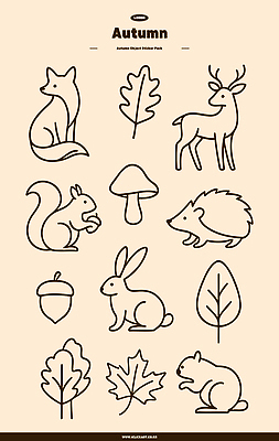 동물 아이콘 캐릭터 디자인 스티커 자연 사슴 나뭇잎 버섯 가을 토끼 그림 다람쥐 여우 도토리 고슴도치 2D아이콘 AI파일 계절 잎 포유류 반려동물 견과류 설치류 생태계 파일형식 벡터
