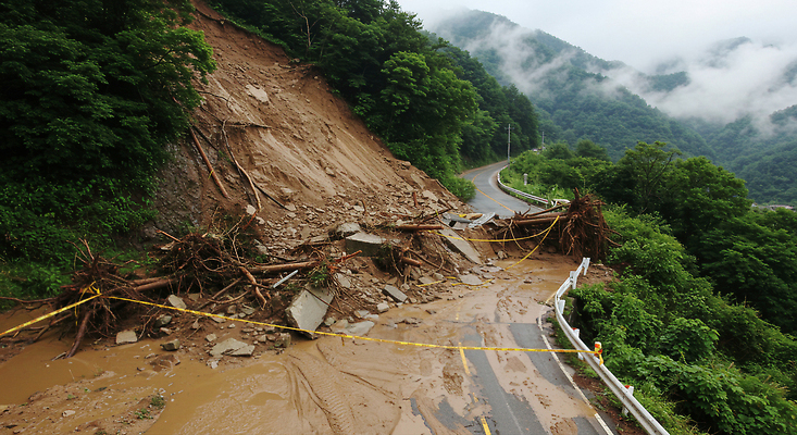 JPG 나무 편집이미지 도로 풍경 초록색 안개 숲 자연재해 비석 산길 흙더미 산사태 편집실사 AI포토 AI콘텐츠 식물 길 컬러 교통시설 날씨 흙 CG 재해 파일형식 더미