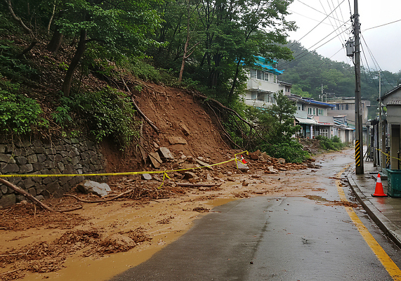 JPG 나무 편집이미지 도로 안전 건물 환경 피해 자연재해 비석 산사태 편집실사 AI포토 AI콘텐츠 식물 건축물 길 교통시설 CG 재해 파일형식