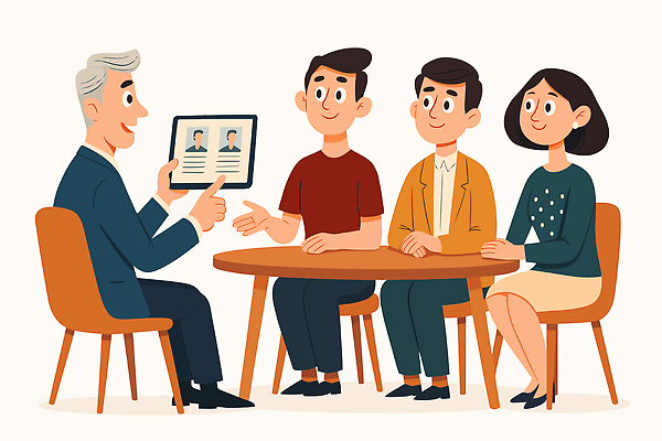 직업 교육 일러스트 탁자 회의 협력 직장 대화 여러명 전문직 결과 프레젠테이션 상담 면접 이력서 의사소통 유대감 국내일러스트 AI파일 가구 다수 컨셉 회사 비즈니스 말하기 사람 파일형식 벡터