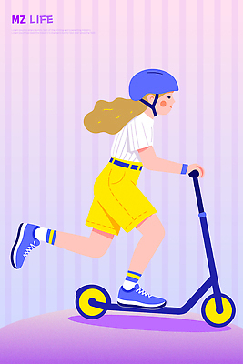 패션 하늘색 백그라운드 이동 일러스트 반바지 모션 놀이 풍경 소녀 청춘 운동 노란색 줄무늬 스쿠터 도시 시간 헬멧 즐거움 외출 국내일러스트 AI파일 여자 감정 어린이 컬러 컨셉 무늬 바지 건강 파란색 오토바이 보호장비 파일형식 벡터