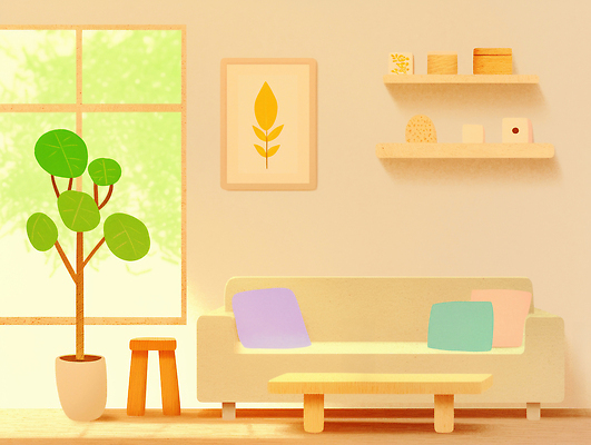 JPG 나무 식물 디자인 쿠션 거실 의자 일러스트 탁자 실내 일상 장식 인테리어 소파 공간 편안함 배열 오브젝트 모던 화사함 국내일러스트 AI일러스트 가구 컨셉 내부 라이프 감각 파일형식 AI콘텐츠