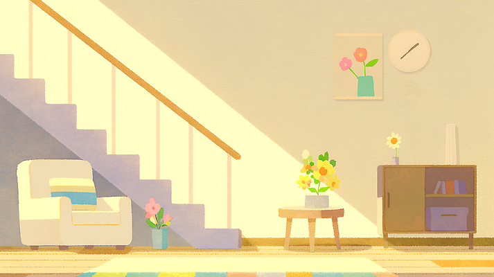 JPG 꽃 가구 거실 일러스트 창문 탁자 휴식 밝음 일상 장식 인테리어 소파 계단 꽃병 분위기 편안함 모던 색감 국내일러스트 AI일러스트 식물 디자인 생활용품 컨셉 의자 라이프 감각 파일형식 AI콘텐츠