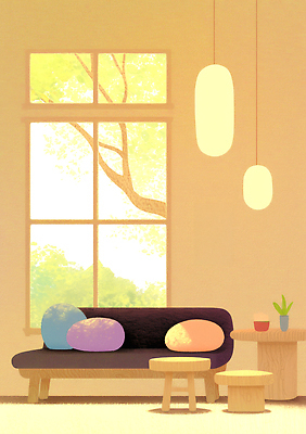 JPG 나무 식물 디자인 쿠션 거실 일러스트 창문 탁자 주택 따뜻함 여름 인테리어 소파 공간 분위기 편안함 오브젝트 모던 심플 안락 국내일러스트 AI일러스트 계절 가구 컨셉 의자 건물 감각 파일형식 AI콘텐츠